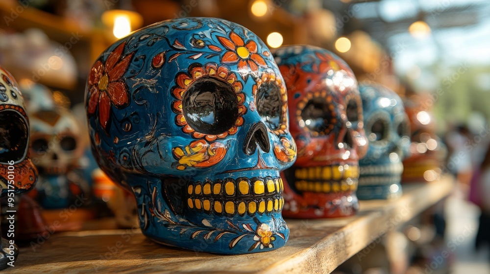 Fototapeta premium A street vendor displays intricately designed sugar skulls adorned with colorful patterns and flowers.
