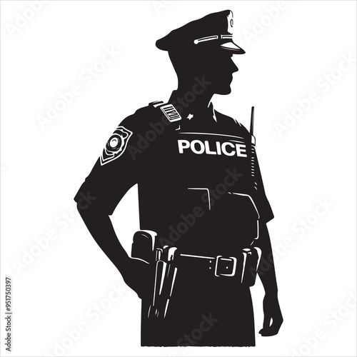 Policeman officer on duty vector silhouette illustration isolated on white background. Police man in uniform in patrol on street. Security service member protect people silhouette white background
