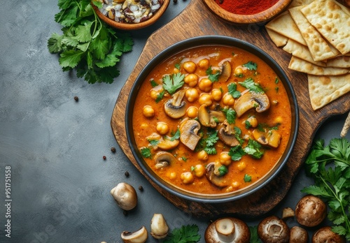 Veggie buffalo chickpea chili with mushrooms in a pan on gray background. Healthy vegetarian food concept.