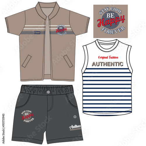 boys  three pecs set jacket with shorts print vector art