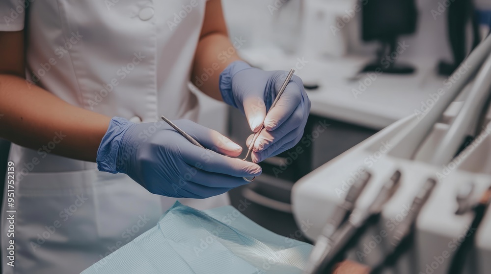 Obraz premium Dental Instruments in Gloved Hands