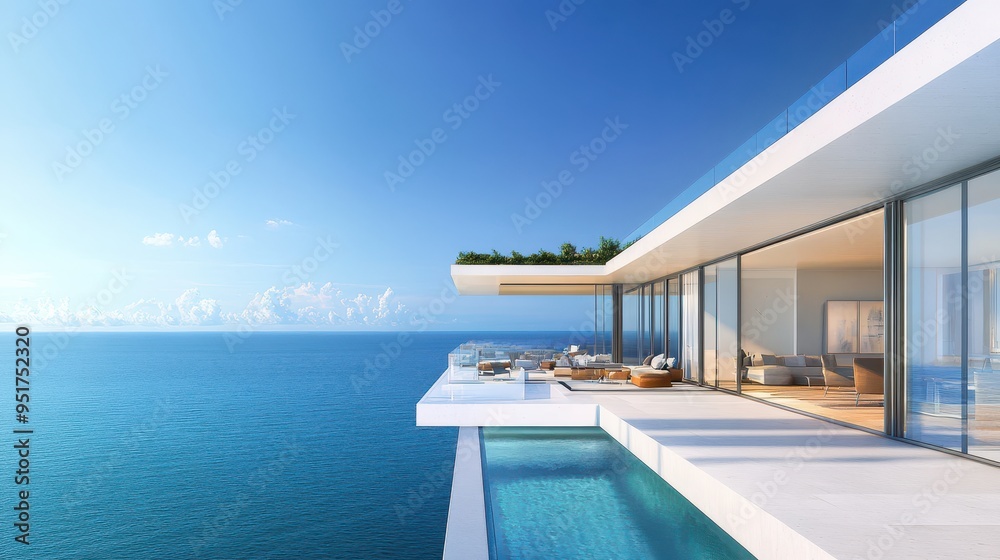 Fototapeta premium Modern villa overlooking the ocean with a pool and spacious terrace.