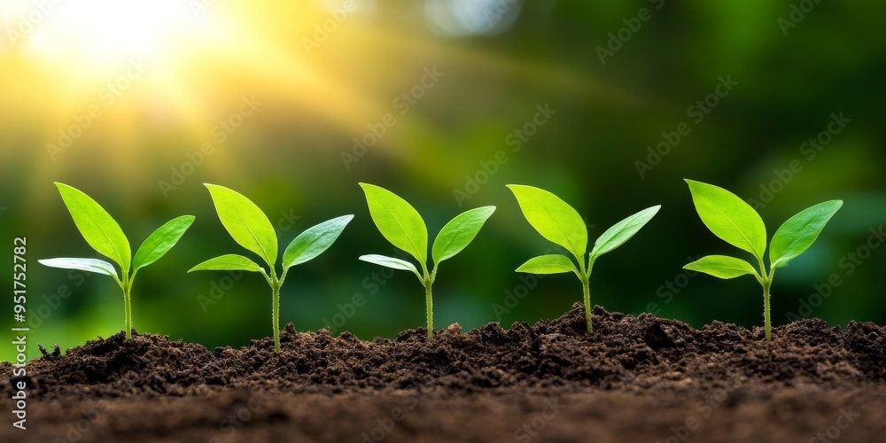 A Row of Young Seedlings Sprouting from Rich Soil Under Sunlight A Row of Young Seedlings Sprouting from Rich Soil Under Sunlight