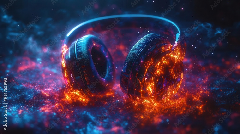 cosmic headphones exploding with prismatic sound waves neon particles and vibrant color splashes create a dynamic otherworldly audiovisual experience against deep space backdrop
