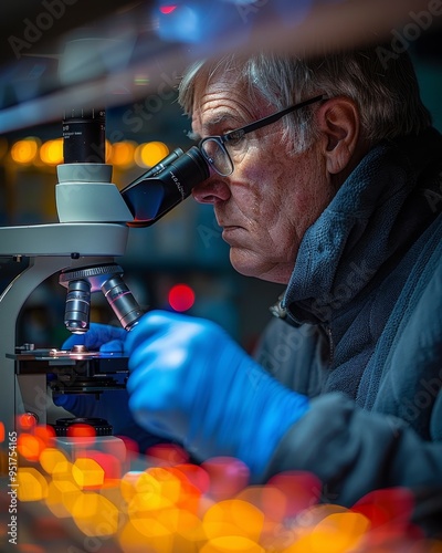 Scientist in protective gear analyzing samples under microscope in genetic research laboratory