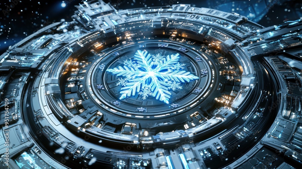 Fototapeta premium Futuristic Snowflake in a Circular Structure