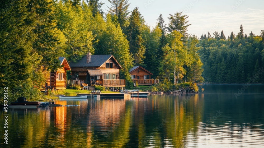 Serene lakeside cabins surrounded by lush trees reflecting on calm water. Serene lakeside cabins surrounded by lush trees reflecting on calm water.