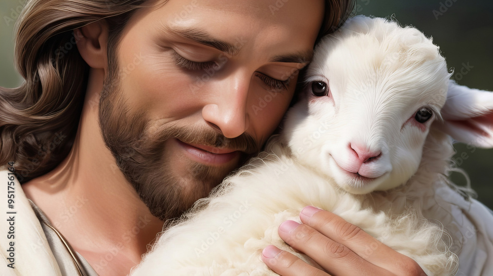 Classic Biblical Scene of Jesus Christ with a Lamb, Capturing a Serene and Divine Moment New Beautiful Stock Image Illustration AI