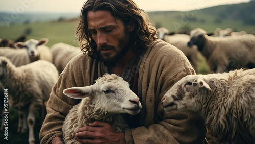 Classic Biblical Scene of Jesus Christ with a Lamb, Capturing a Serene and Divine Moment New Beautiful Stock Image Illustration AI