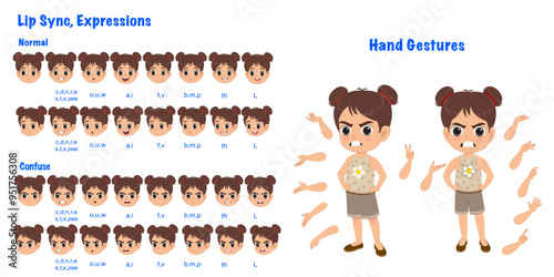A cute little angry girl cartoon character creation set with lip sync and hand gesture. Angry girl cartoon character front and 1/3 standing pose.