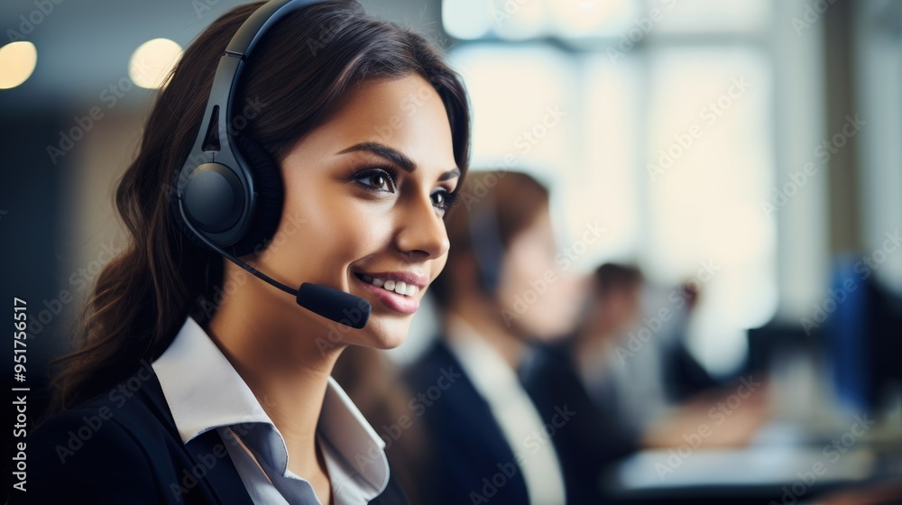 Young female technical support dispatcher working in a call center office, using computers and wearing headsets for customer service support or sales. close-up