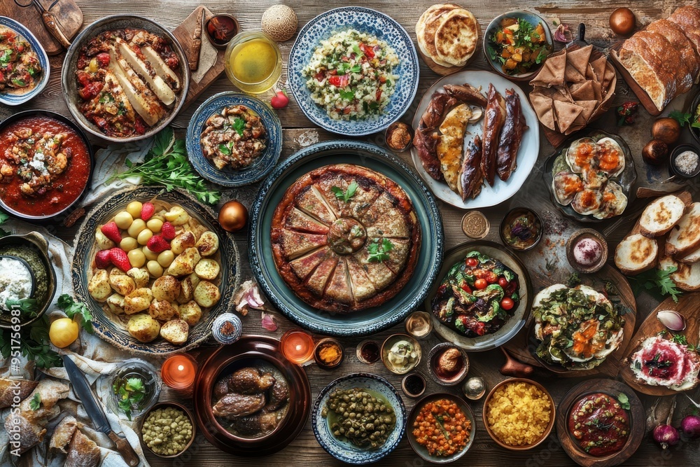 A Rustic Table Spread of Various Dishes and Ingredients A Rustic Table Spread of Various Dishes and Ingredients