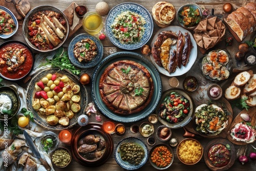 A Rustic Table Spread of Various Dishes and Ingredients