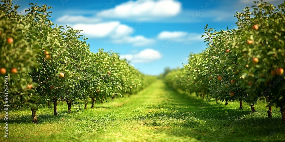 Naklejka premium Rows of apple trees in an orchard on a sunny day