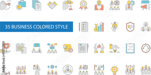 Business colored icon set. opportunity, overtime, personal, premium, productivity, sexual, strategic, advantage, training, team, vision, sponsor, solution, seminar. Vector illustration