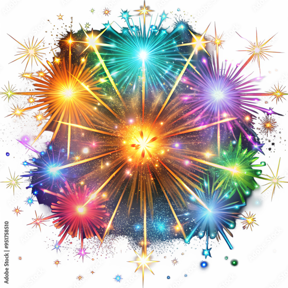 Naklejka premium Colorful Fireworks with Star-Shaped Light Effects, No Background. Perfect for: New Year's Eve, Independence Day, Worldwide