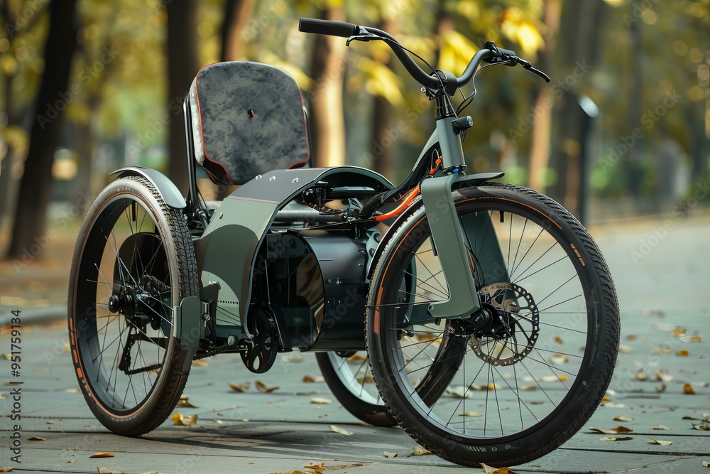 Fototapeta premium Modern three wheeled electric bike is parked on a paved path with trees on each side