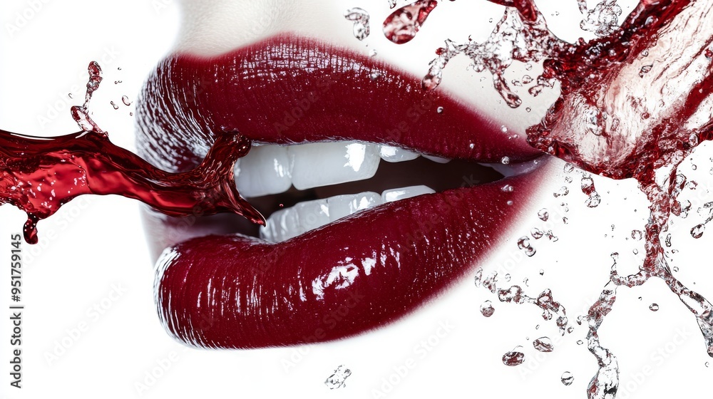 While she speaks, a woman wearing red lipstick exhales a red liquid While she speaks, a woman wearing red lipstick exhales a red liquid