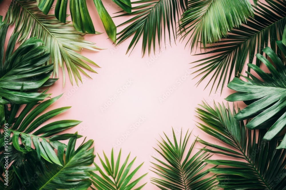 Summer concept. Flat lay, top view, copy space. Tropical palm leaves on pastel pink background. Summer concept. Flat lay, top view, copy space. Tropical palm leaves on pastel pink background.