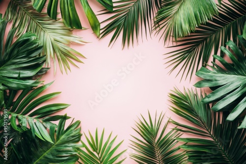 Summer concept. Flat lay, top view, copy space. Tropical palm leaves on pastel pink background.