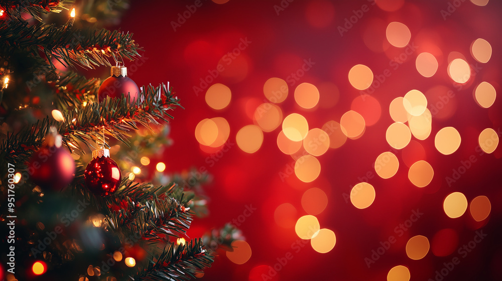christmas tree, holiday illumination and decoration, bokeh lights over red background christmas tree, holiday illumination and decoration, bokeh lights over red background