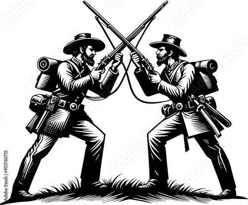 Two Heavily Stylized American Civil War soldiers duel with crossed rifles, depicting a tense confrontation. Black and white illustration in a retro vintage style