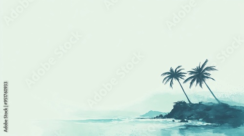 Serene beach landscape with two palm trees silhouetted against a tranquil sea at dusk.
