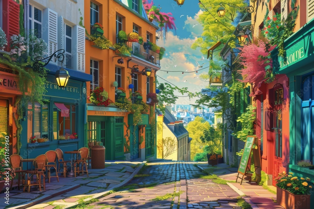 Fototapeta premium Montmartre with Olympic sports, artistic Parisian ambiance, romance, bright and vibrant colors, 3D illustration 