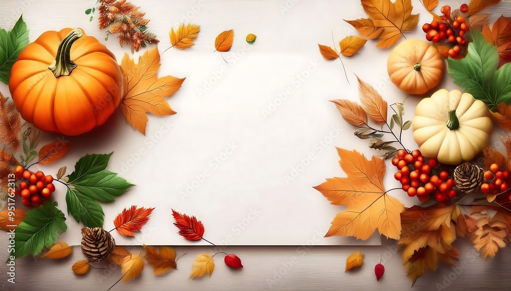 Fototapeta premium Autumn Top View Mockup - simple autumn poster with scattered leaves, a small pumpkins and white copy space for text or graphics. Graphic art illustration poster