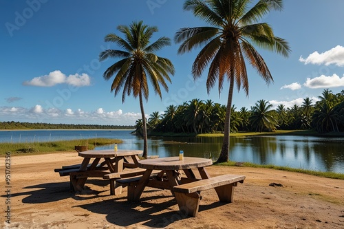 Relaxing photo of coconut trees and tables on the edge of the Araruama lagoon at winter sunny day. photo