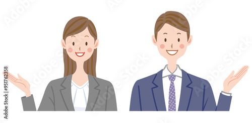 案内するビジネスマン　スーツ姿の男女のイラスト
