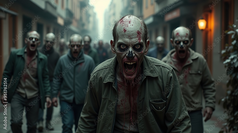 Terrifying zombies invading the streets in eerie atmosphere