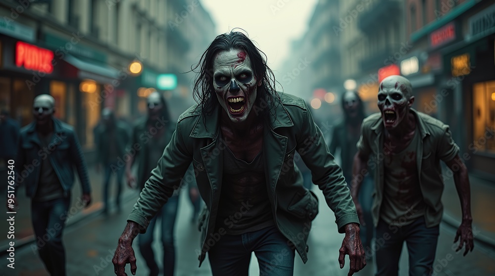 Eerie zombies walking through dark and foggy city streets at night Eerie zombies walking through dark and foggy city streets at night
