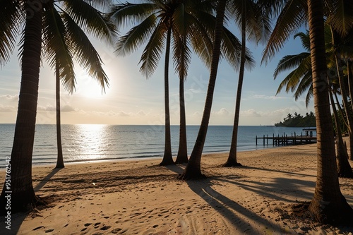 Seaside view with sunlight and shadow among coconut trees