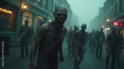 Eerie zombies walking through a foggy street at night