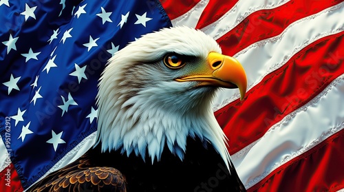 Patriotic bald eagle with American flag creative background photo