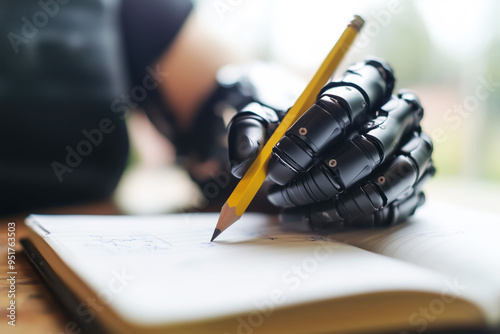 Bionic hand writes with a pencil on paper, artificial intelligence concept photo