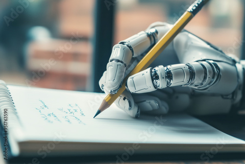 Bionic hand writes with a pencil on paper, artificial intelligence concept photo