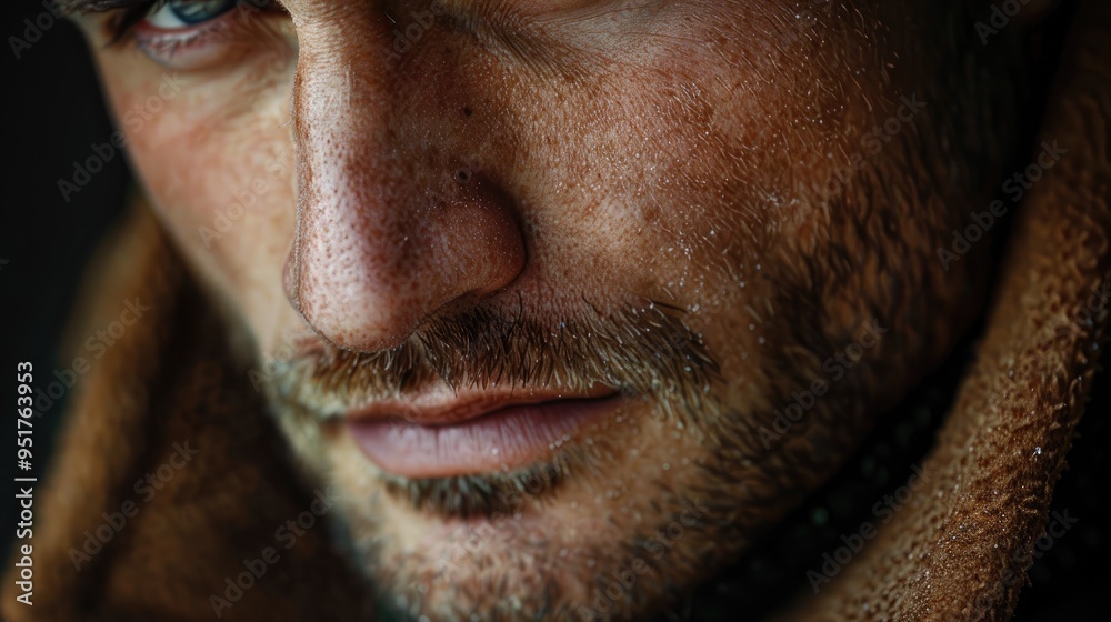 Obraz premium Close-up of a man's face, focusing on his stubble and the texture of his skin. The lighting is dramatic, casting shadows that highlight the contours and natural imperfections.