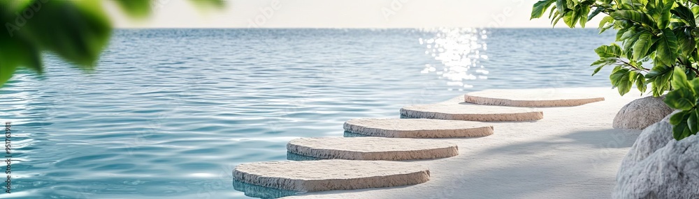 Fototapeta premium Lakeside scenic biking trail reflecting in calm water, peaceful journey, relaxation, and nature's tranquility