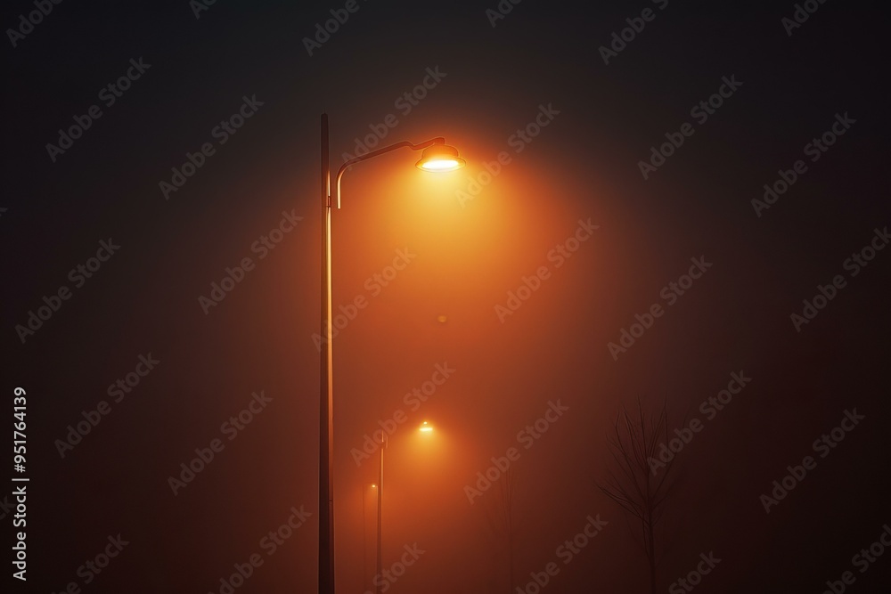 Street light is illuminating a foggy night creating a warm glow Street light is illuminating a foggy night creating a warm glow