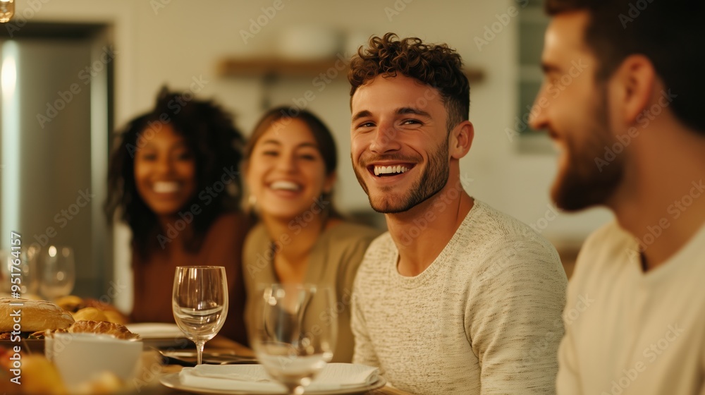 Happy friends gathered around a dinner table, sharing a joyful moment with smiles and good vibes. Happy friends gathered around a dinner table, sharing a joyful moment with smiles and good vibes.