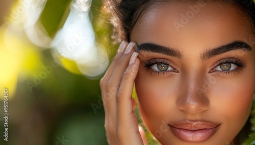 Beautiful woman with green eyes, skin care, makeup.