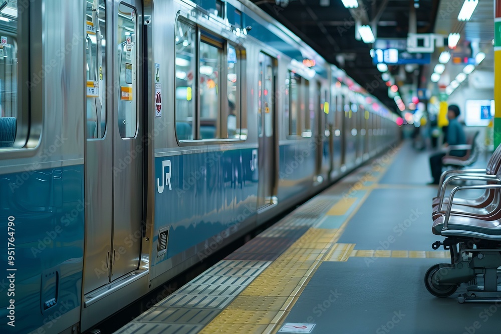 Obraz premium Modern train is arriving at a station with no people waiting on the platform