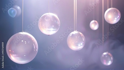 A cluster of iridescent, spherical, orb-like objects, suspended by strings against a soft, hazy, purple background.