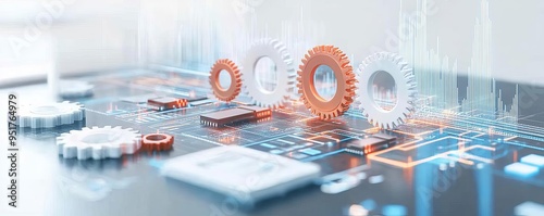 Obraz na płótnie Streamlined business process with gears and digital circuits, innovation in business process management, optimizing business workflows w salonie