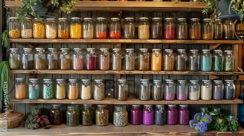 A wooden shelf filled with jars containing various spices and herbs in a small store.