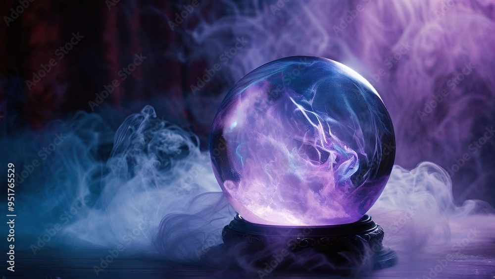 A crystal ball sits on a wooden base surrounded by swirling purple and white smoke on a dark background.