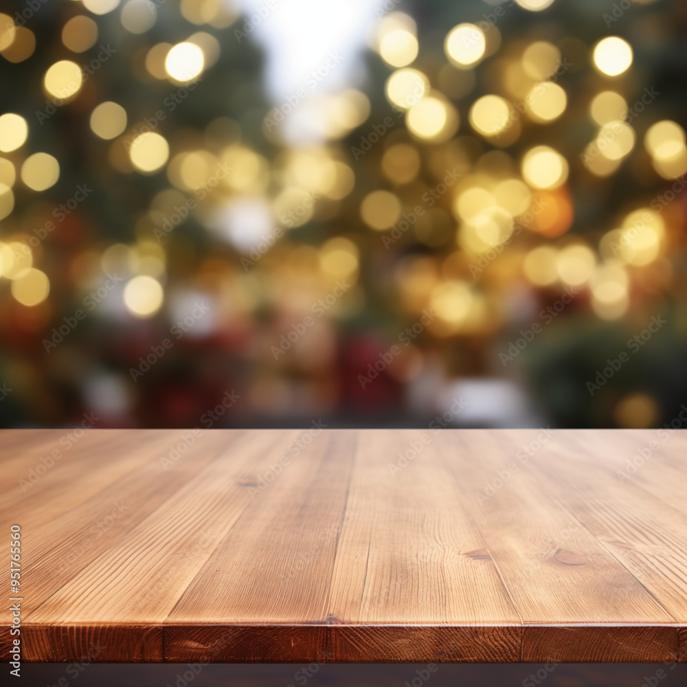 Wooden table in front of bokeh street lights. Christmas mood. Holiday garland background. Montage product display, design key visual layout. Showing products and advertising. Photo generated by AI tec Wooden table in front of bokeh street lights. Christmas mood. Holiday garland background. Montage product display, design key visual layout. Showing products and advertising. Photo generated by AI tec