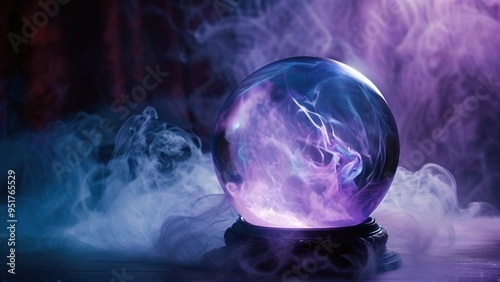 Obraz na płótnie A crystal ball sits on a wooden base surrounded by swirling purple and white smoke on a dark background. w salonie